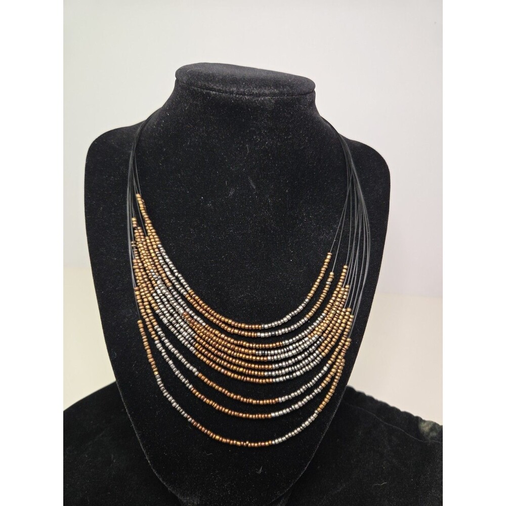 Chico's Layered Copper & Silver Toned Necklace On Black Wire 16" To 20"